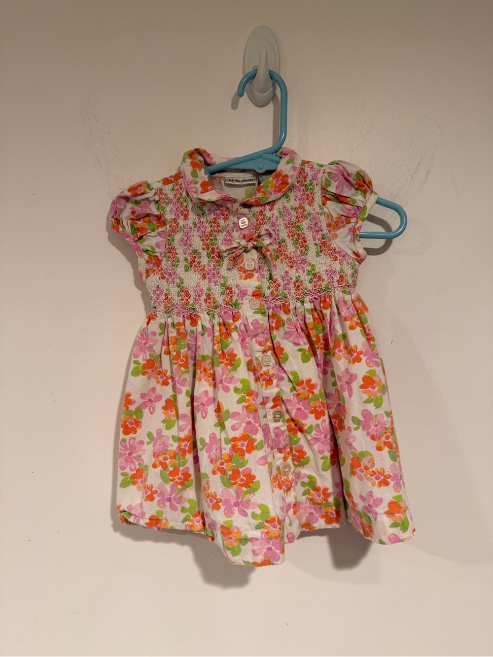 Laura Ashley Floral Smocked Baby Dress in Pink, Orange & Green